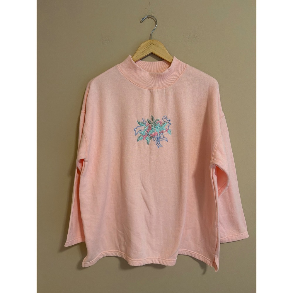Vintage C.A. Sport Pink Mock Neck Floral Embroidered Sweatshirt XL 90s Fleece